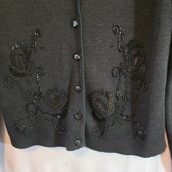 CAROLE LITTLE SPORT CARDIGAN BLACK FLORAL BEADED EMBELLISHMENTS SIZE MEDIUM - Picture 3 of 7